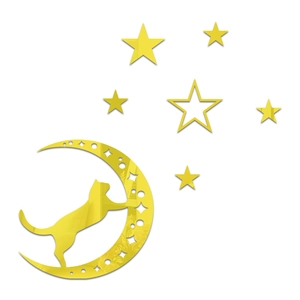 Detailed view of yellow mirror acrylic wall stickers featuring cat, moon, and stars set