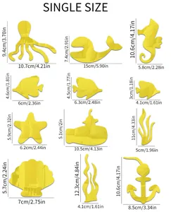 Detailed size chart showing dimensions of individual sea animal mirror wall stickers