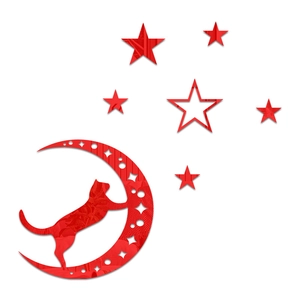 Detailed view of red acrylic wall stickers featuring cat on moon and stars