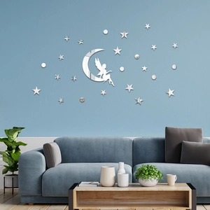 Stickers Muraux Miroir 3D Acrylique Fée Sur Lune Étoile Décalcomanies Auto-Adhésif Mural Pour Chambre D'Enfants Maison Décor