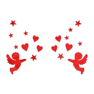 Detail view of 3D red acrylic heart and cupid wall stickers with vertical texture finish