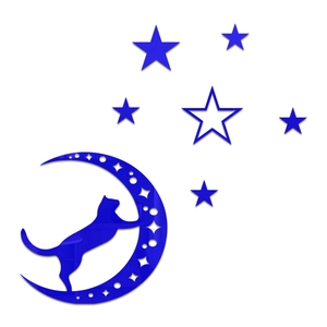 Detail of blue mirror acrylic cat and moon wall stickers with reflective stars set