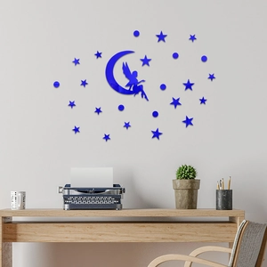 Stickers muraux miroir en acrylique bleu avec fée sur lune et étoiles pour décoration