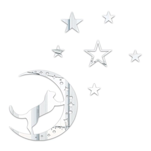 Detail showing mirrored acrylic cat on moon and stars wall stickers with reflective surface