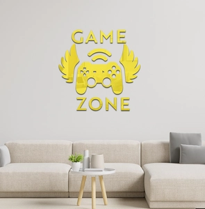 Détail du sticker mural Game Zone en acrylique jaune brillant avec motif de manette ailée