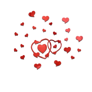 Dettaglio degli adesivi murali a forma di cuore in acrilico a specchio rosso lucido