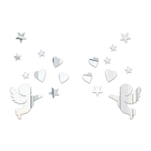 Symmetric 3D Cupid and heart acrylic mirror wall stickers with silver reflection