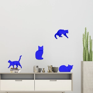 Set of four blue acrylic cat mirror wall stickers in various playful silhouettes