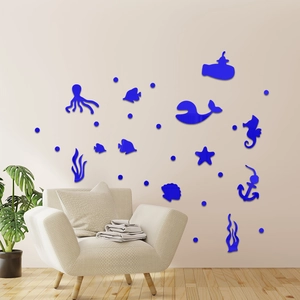 Blue acrylic ocean animal wall stickers with whale and submarine mirror decals for home decor
