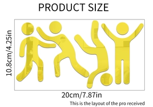Detailed product size chart for yellow acrylic mirror wall stickers with figure silhouettes