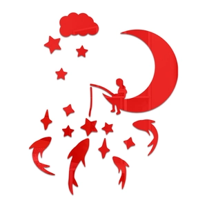 Detail der roten Acryl-Spiegelwandaufkleber mit Mond- und Sterndesign für Kinderzimmer