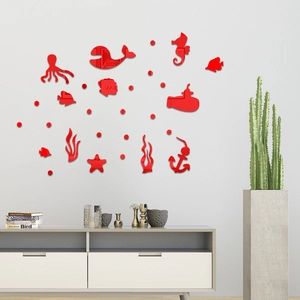 Red acrylic mirror 3D ocean wall stickers featuring whales and sea creatures for kids room