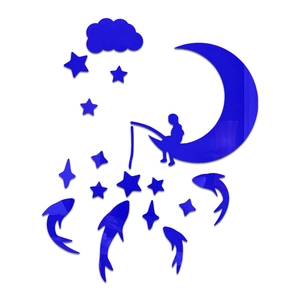 Wandsticker aus blauem Acrylspiegel mit Mond, angelndem Jungen und Sternen Detail