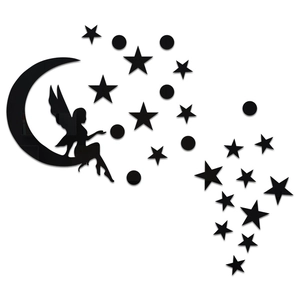Stickers muraux fée lune noirs en acrylique avec étoiles pour chambre fille