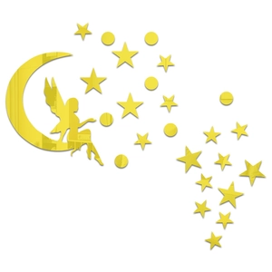 Détail de stickers muraux miroir doré montrant une fée sur la lune avec des étoiles