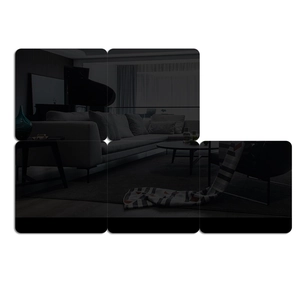 Modern square acrylic mirror wall stickers showing a reflection of a contemporary living room