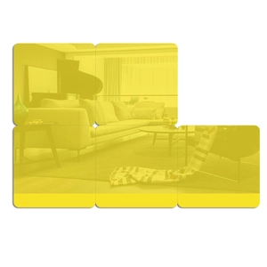 Detail of yellow acrylic mirror wall stickers showing reflective square decor surfaces