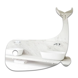 Detail of whale-shaped acrylic mirror sticker showing clear reflection of modern bathroom
