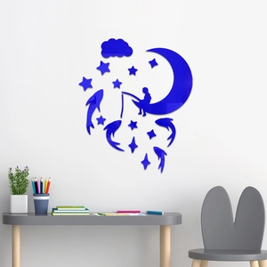 Blaue 3D-Acryl-Wandaufkleber Mond und Junge für Kinderzimmer Spiegeldekoration