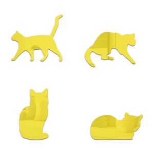 Detail of four yellow acrylic cat mirror wall stickers with reflective surface and cat silhouettes
