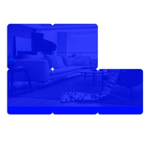 Detailed view of six-piece blue acrylic mirror wall stickers with modern home decor print