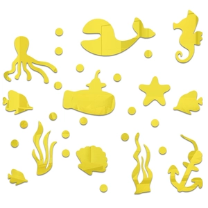 Detail view of yellow acrylic mirror ocean animal wall stickers with whale and submarine shapes