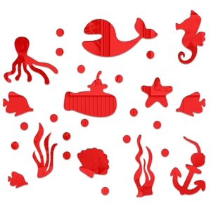 Macro shot of 18 red acrylic ocean mirror stickers including octopus whale and seahorse