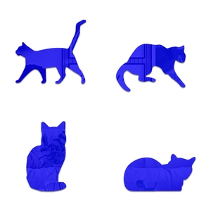 Detail of four blue acrylic cat mirror wall stickers showing reflective surfaces and poses