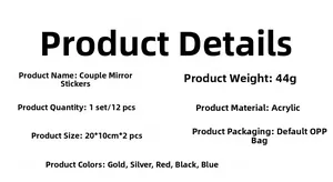 Detailed product specifications for acrylic 3D heart mirror wall stickers in various colors