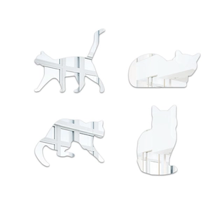 Detailed view of four reflective acrylic cat-shaped wall stickers for home decoration