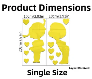 Detailed dimension layout of yellow acrylic wall stickers with kids silhouette and hearts