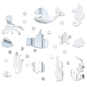 Macro view of silver acrylic sea animal mirror wall stickers including whales and seahorses