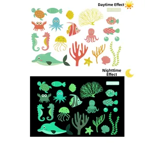 Glow-in-the-dark sea creature wall stickers showing day and night luminous effects
