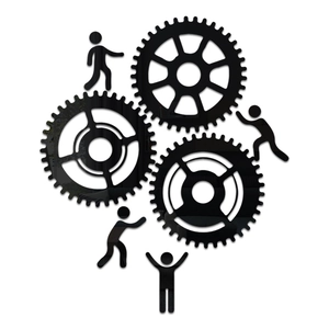 Close-up of 3D acrylic mirror gear wall stickers and human silhouettes for office decor