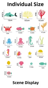 Detailed size chart for glow-in-the-dark sea creature wall stickers in centimeters