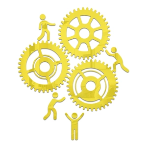 Detail of yellow mirror acrylic wall stickers showing 3D gears and climbing figures