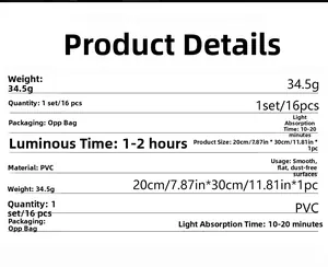 Luminous rainbow unicorn stickers specifications table with 16 PVC sheets measuring 20x30cm