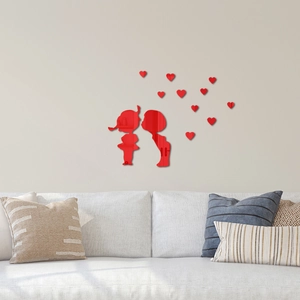 3D acrylic wall stickers of romantic couple silhouettes with red hearts for home decor