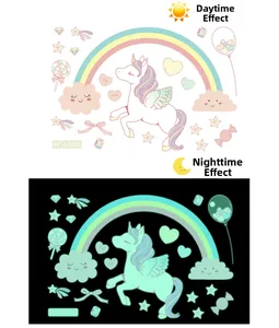 Luminous unicorn and rainbow wall stickers showing day and night glow effects