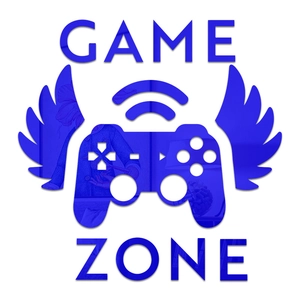 Détail du sticker mural en acrylique bleu avec manette de jeu ailée et texte Game Zone