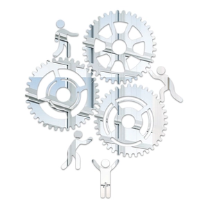 Detail of 3D mirror acrylic wall stickers featuring gears and human figures in silver