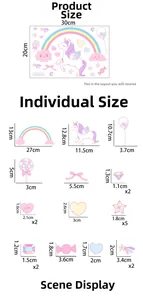 Detailed size chart for green glowing rainbow unicorn wall stickers with component dimensions