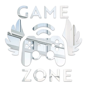 Détail d'un sticker mural miroir acrylique argenté Game Zone avec manette et ailes