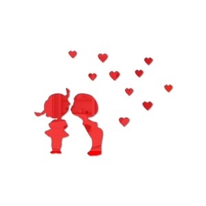Detailed 3D red acrylic heart stickers featuring a cartoon boy and girl kissing