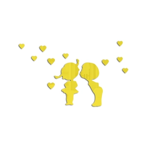 Detailed view of yellow 3D acrylic wall stickers featuring a cute kissing couple and hearts