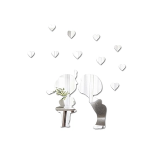 Mirror acrylic wall stickers featuring hearts and a kissing boy and girl silhouette