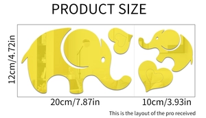 Detailed dimension guide for elephant and heart shaped acrylic mirror wall decals
