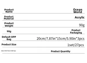 Detailed specifications table for Ocean World acrylic wall stickers with size and color data