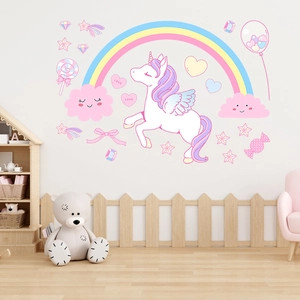 Luminous unicorn wall decals set with rainbow and pink clouds for kids nursery decor
