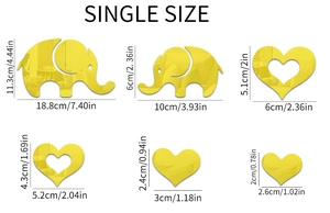 Size chart showing elephant and heart acrylic mirror wall decals with detailed dimensions